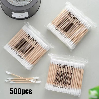 500pcs Double Head Wood Cotton Swab Nose Ears Cleaning Women Makeup Tools Lipstik Cotton Buds Tip Sticks Bastoncillos Oidos